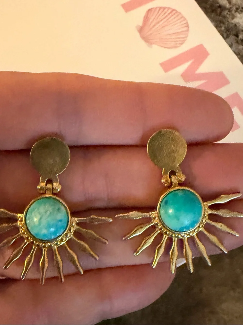 Turkish Gold Played Sunburst Drop Earrings with Turquoise-Colored Natural Stone - Picture 4 of 5